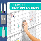 Large Dry Erase Calendar for Wall, 38" x 58" - Undated, Yearly, Reusable - Full 12 Month Year - Includes Markers, Eraser & Accessories