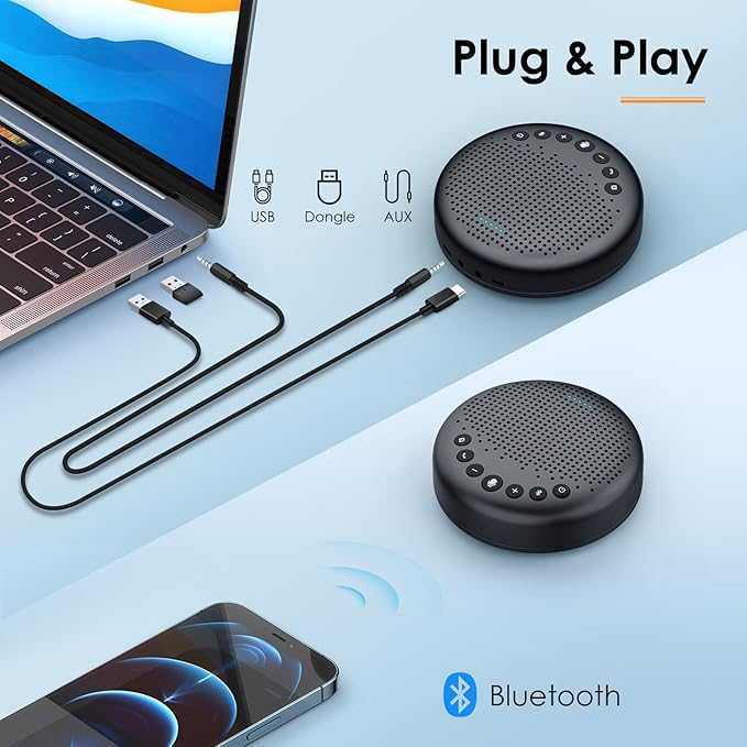 EMEET Conference Speaker and Microphone Luna 360° Voice Pickup w/Noise Reduction/Mute/Indicator USB Bluetooth Speakerphone w/Dongle for 8 People Daisy Chain for 16 Compatible with Leading Software