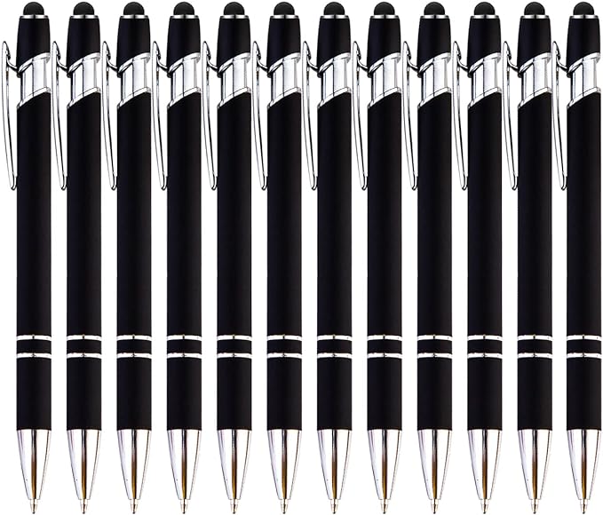 PASISIBICK 12 Pieces Black Ballpoint Pen with Stylus Tip, 2 in 1 Stylus Pen, Premium Metal Stylus Pen for Touch Screens, Black Ink, 1.0 mm Medium Point(12 Black)