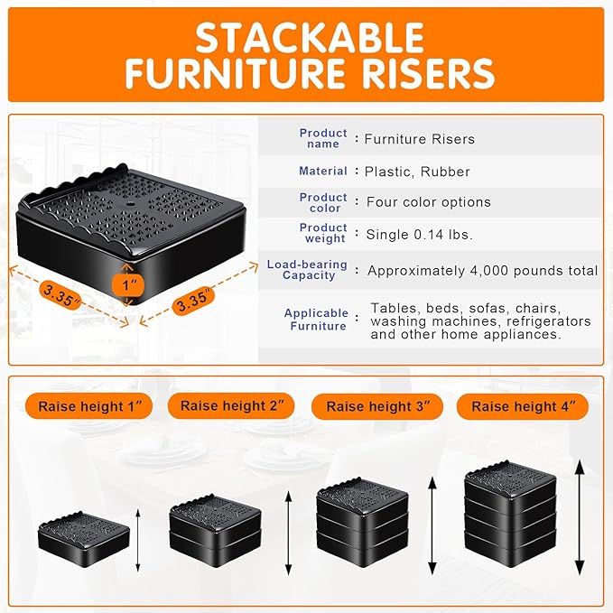 shouwuhho Furniture Risers, 12 Pack Bed Risers with Non-Slip Grip and Heavy Duty Support, 1 Inch 2 Inch 3 Inch 4 Inch Height Lift for Couch, Sofa, Table, Desk, Chair, Refrigerator - Black, 1 Inch