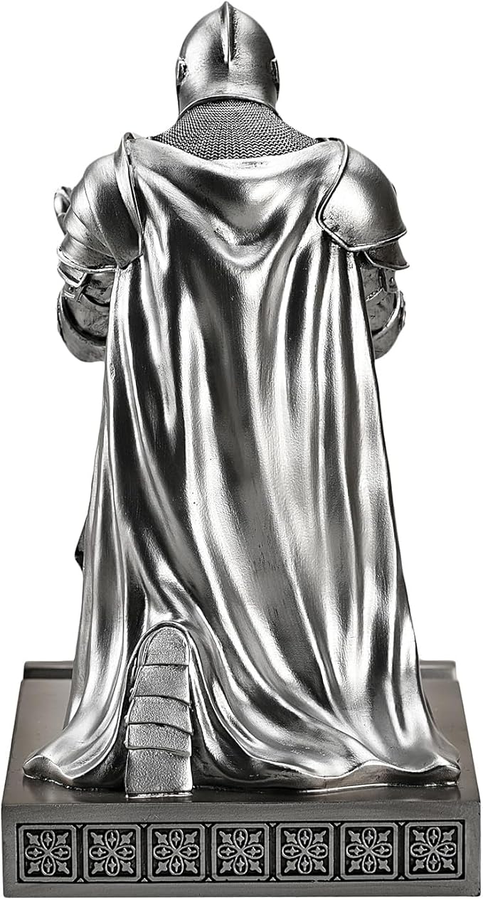 Amoysanli Medieval Armored Warrior Wearing Outerwear, Mobile Phone Stand Knight Pen Holder Desk Organizers, Resin Bookends Paperweight with a Letter Opener for Desk (Silver)
