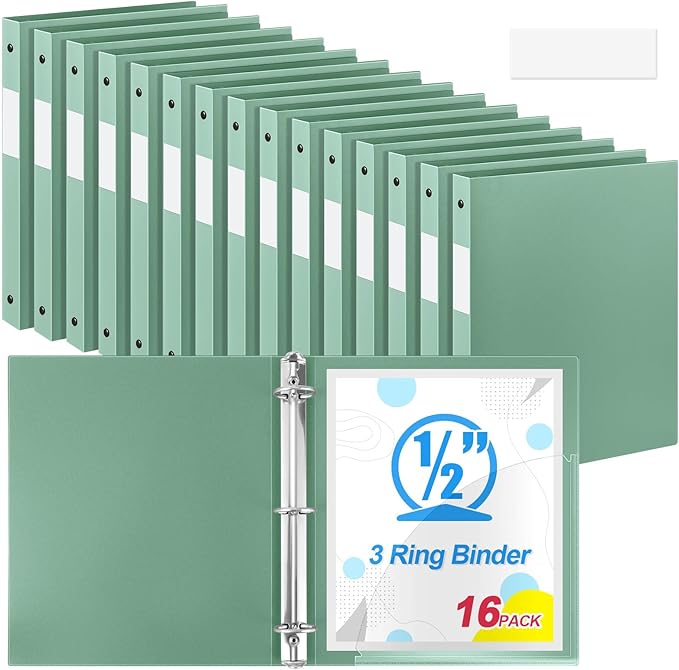 Henoyso 16 Pcs 3 Ring Binder 0.5 Inch Round Fits Letter Size 8.5'' x 11'' Paper Plastic Flexible Binder Bulk Holds 140 Sheets with 1 Pockets Versatile Organizer for Home Office School (Sage Green)
