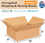 Medium Moving & Shipping Boxes 10x8x3 inches (10-Pack) - Extra Strength 200 lb vs Regular - Corrugated Packing Box, Made in USA - Corrugated Box - Heavy Duty Shipping Box by IDL Packaging