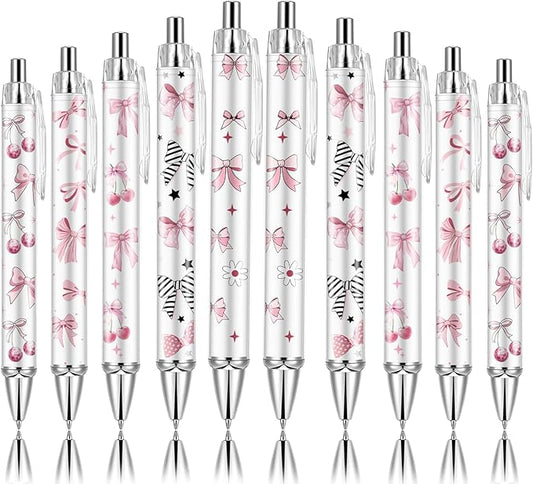 10Pcs Cute Pink Bow Pens Coquette Bow Ballpoint Pens Retractable Ballpoint Pens for Writing Journal Taking Notes School Office Home (Bow, 10)