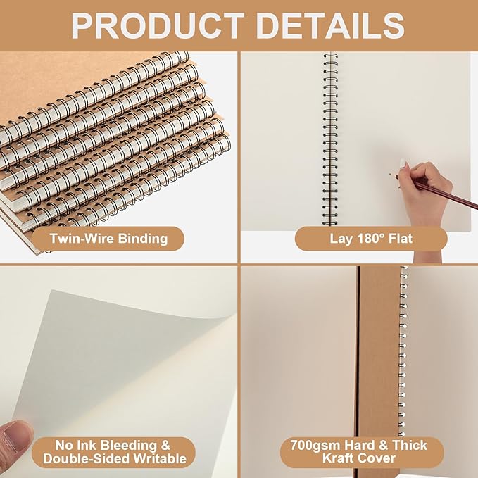 PerKoop 4 Pcs 8.5"x11" Spiral Sketch Pad A4 Large 100 Sheet Blank Notebook Sketch Pads 60lbs (100gsm) Xmas Gifts Sketching Drawing Pad Journals Art Sketchbook for Teachers Students Kids