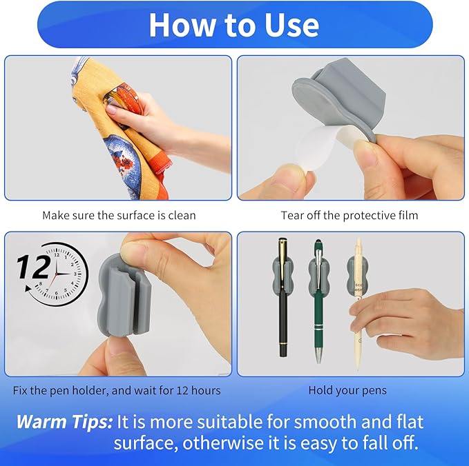 12PCS Pen Holder for Desk, Upgraded Adhesive Pen Pencil Holder for Desk Wall Clipboard Car Silicone Pens Markers Pencils Organizer Teacher Supplies Office Supplies (12PCS Gray)