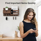 Lwenki Wall Mount Key Holder with Mail Organizer, 100% Paulownia Wood, 7 Metal Hooks, Storage Drawer, Entryway Home Decor (Brown)