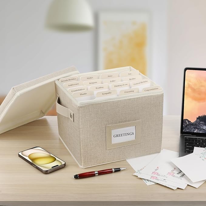 Greeting Card Organizer Box with 16 Dividers,Collapsible Greeting Card Storage Box with Handles Hold 150+ Cards,Greeting Card Holder for Greeting Cards,Sticker, Recipes, Photo, Envelope (Beige, 2 pcs)