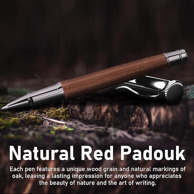 WEMATE Wood Rollerball Pen Set, Extra 2 Ink Refills(1 Black & 1 Blue), Fancy Writing Pen Nice Luxury Office Gift for Men, Professional and Executive, Cool Wooden Pen for Journaling - Bubinga