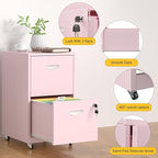 SteeLoong 2 Drawer File Cabinet with Lock，Pink Rolling File Cabinet for Home Office, Metal Small Mobile Filing Cabinets on Wheels for Hanging Letter