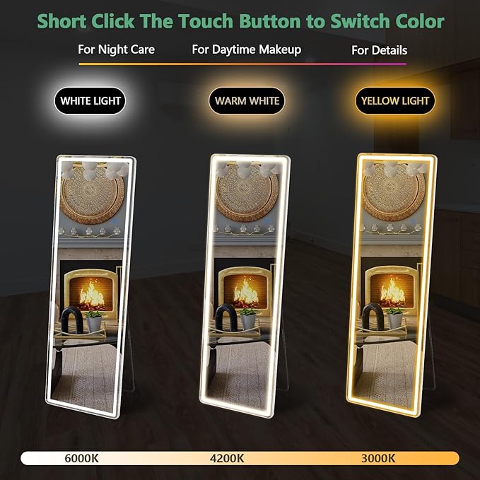 64"x21" Full Length Mirror with LED Lights, Lighted Full Body Mirrors, Aluminum Frame Mirror with Dimming & 3 Color Lighting, Hanging Mounted Mirrors for Bedroom Dressing Room Cloakroom