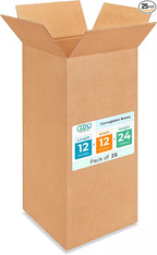 Tall Moving & Shipping Boxes 12"L x 12"W x 24"H (25-Pack) - Extra Strength 200 lb vs Regular - Corrugated Boxes for Packaging Moving - Corrugated Packaging Box - Box Cardboard by IDL Packaging