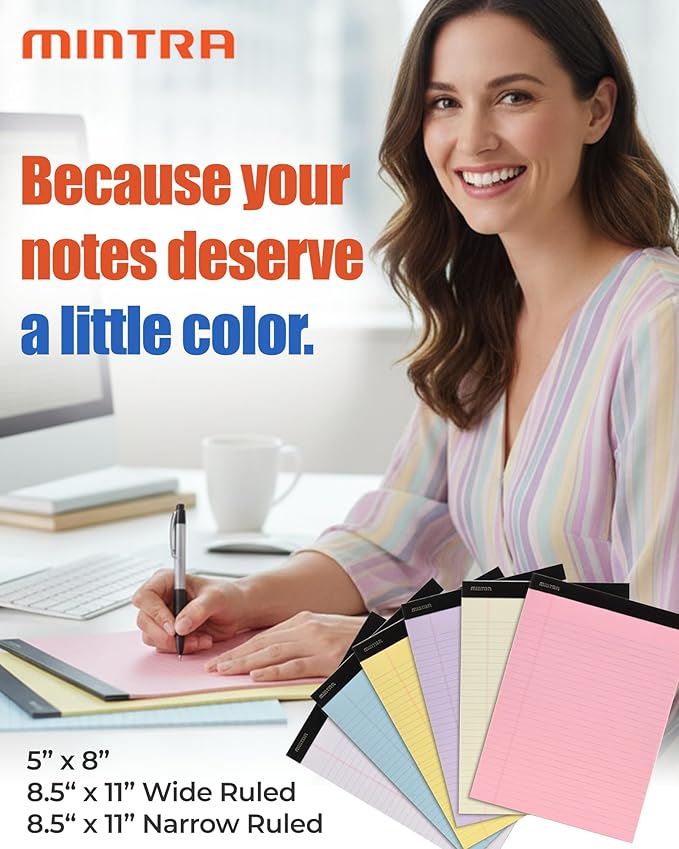 Mintra Office Legal Pads - ((BASIC PASTEL 6pk, 8.5in x 11in, NARROW RULED))