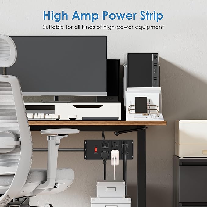 JUNNUJ Heavy Duty 20 Amp Power Strip, Garage 6 Outlets Metal 12 Gauge Surge Protector 3000J, High Amp 5-15P Adapter Shop 6-20R T-Slot Industrial (6AC, 6FT)