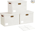 Roobyl 17" Large Collapsible Storage Bins with Lids, Stackable Closet Organizers with PU Handle and Labels, 3-Pack Decorative Fabric Storage Boxes for Home, Bedroom, Closet, Office, Nursery(White)