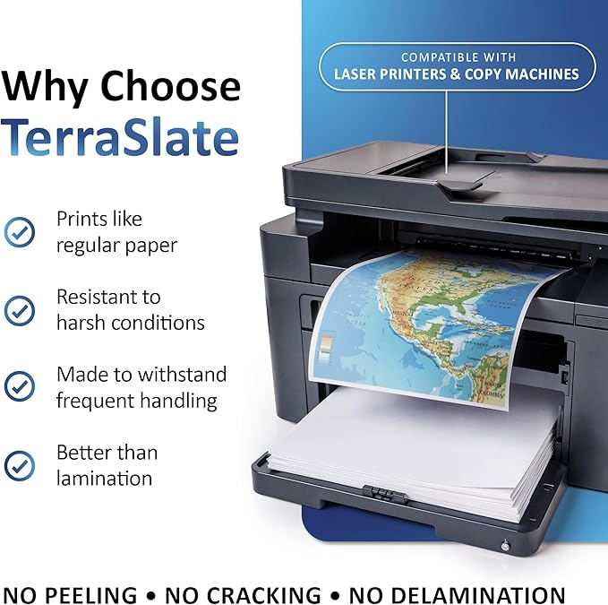 TerraSlate Waterproof Paper, 5 MIL 8.5” x 11”, Laser Printer & Copy Machine Compatible, Durable & Rain/Weather-Proof Copy Paper, White Paper (50 Sheets)