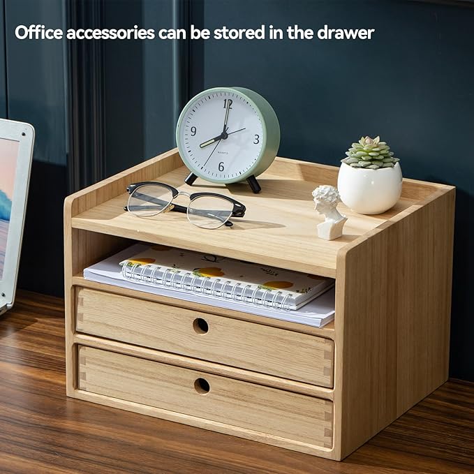 KIRIGEN Desktop Organizer with 2 Drawers and Tray - Wood Office Desk Storage Shelf for Office Supplies - Small Cabinet for Countertop Accessories Storage 3 Layer Natural（DT3D2C-NA）