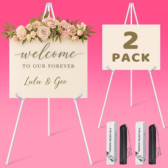 2 Pack White Easel Stand for Sign & Poster - 63" Adjustable Metal Easels for Wedding Welcome Sign, Painting, Canvas, Art Display - Portable Folding Tripod with Carry Bag, Holds 5 Lbs