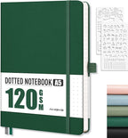 AHGXG Bullet Dotted Journal - Dot Grid Notebook Journal, 120 GSM Thick Acid-Free Paper, A5 Dotted Notebook 160 Pages, Leather Hardcover, Inner Pocket, Journal Stencil, 5.7'' × 8.3'' - Green