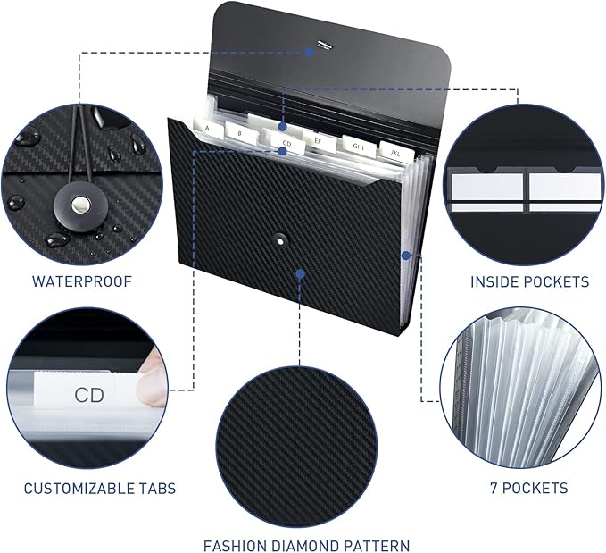 7 Pocket Expanding File Folder with Tab Inserts, Accordian File Organizer Document Receipt Organizer, Accordion Folder File Keeper A4 Letter Size, for School Home Office, Black(Pack of 3)