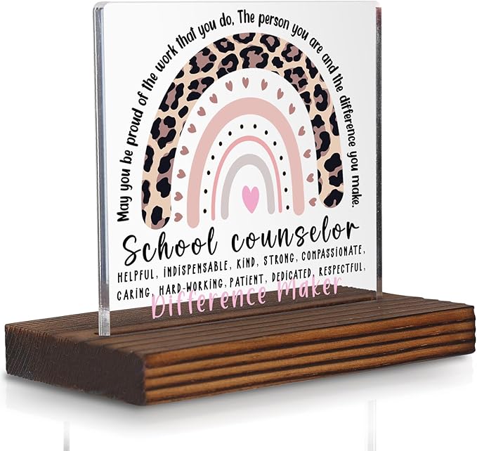 School Counselor Appreciation Gift Leopard Rainbow Desk Sign, Inspirational Decor for Educational Mental Health Staff, Difference Maker Plaque PA080