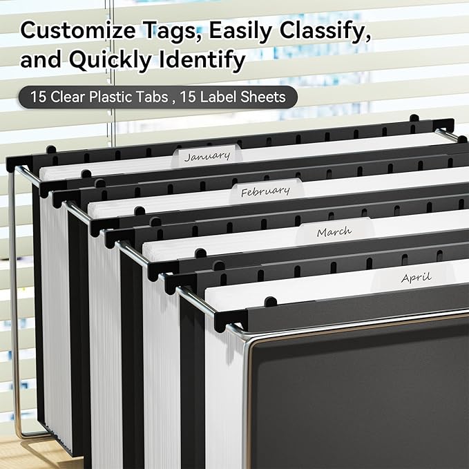 ANSOOK Plastic Legal Size Hanging File Folders,12 Pack Reinforced Black File Cabinet Folders,Heavy Duty3 Inch File Folders Hanging with Tabs,Hanging File Organizer for Office Home School