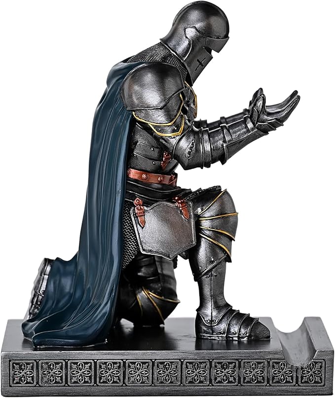 Amoysanli Medieval Armored Warrior Wearing Outerwear, Mobile Phone Stand Knight Pen Holder Desk Organizers, Resin Bookends Paperweight with a Letter Opener for Desk (Iron&Green)