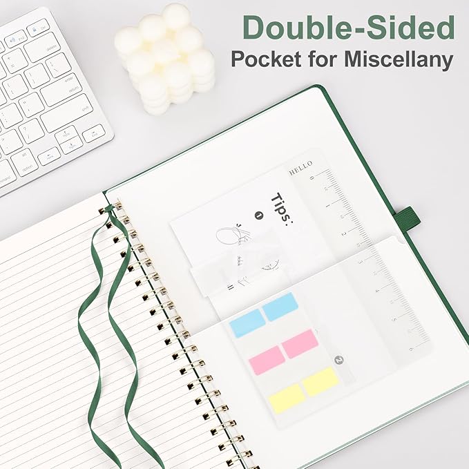 AHGXG Lined Spiral Journal Notebook, B5 Large Notebooks for Women Men, 140 Pages Hardcover Leather Notebook College Ruled, 100 GSM Paper, Notebooks for Work School Note Taking, 7.6" x 10", Green