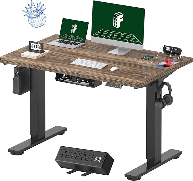 FLEXISPOT EN2 Whole-Piece Standing Desk with Clamp Power Strip, 48 x 30 Electric Stand Up Height Adjustable Desk with Cable Management (Black Frame + 48" Black Walnut Desktop, 2 Packages)