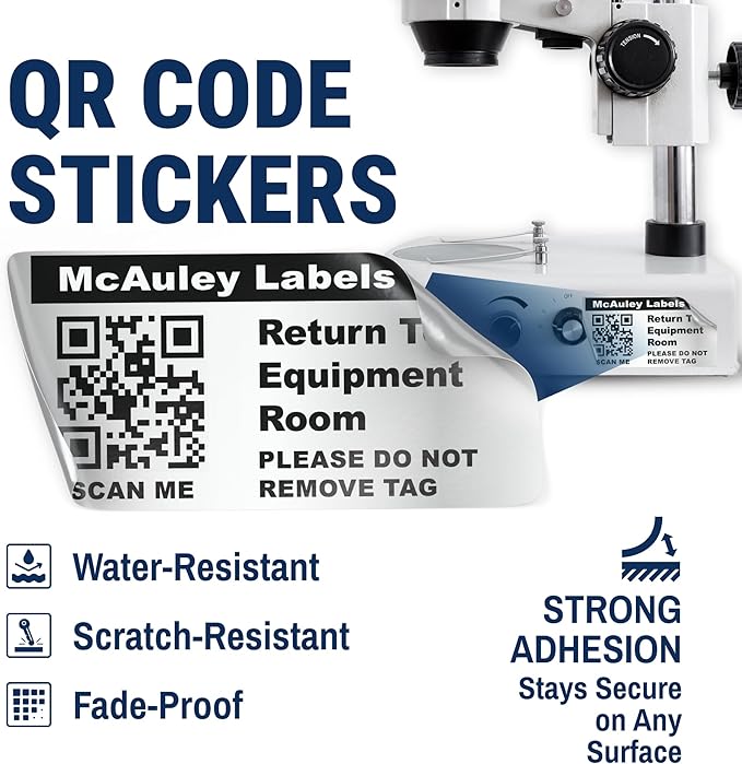 McAuley Labels Custom QR Code Stickers - Numbered, Permanent, Adhesive Asset Tags for Equipment - Metalized Silver Polyester - 2x1 Inches