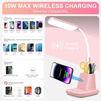 Sailstar Pink Desk Lamp, Small Desk Lamp with Pen Holder, Wireless Charger LED Desk Lamps for Home Office, Kids Desk Lamps 800LM Flexible Arm 3 Modes Dimmable Touch, Study Lamps for College Dorm Room
