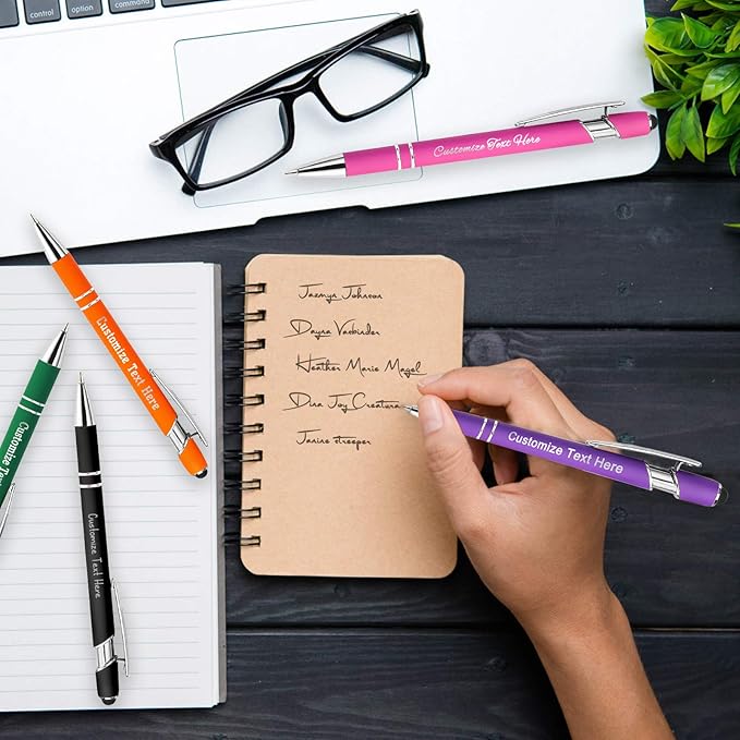 Custom Pens Bulk Personalized Ballpoint Pen with Stylus Tip Customized Engraved Pens with Name Logo Soft Black Ink with Touch Metal Office for Business Office Teacher School Corporate Gifts L-Green