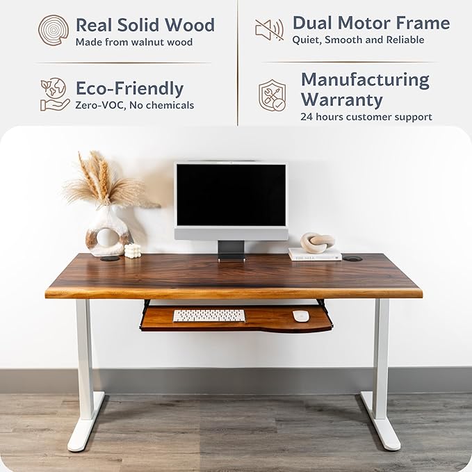 Standing Desk with Keyboard Tray – Walnut Solid Wood Desk, Natural Live Edge, Adjustable Height Dual Motor, Sit Stand for Home Office (White, W48 x D27)
