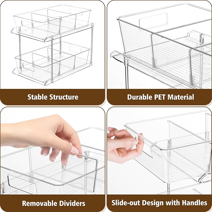 Fabspace 3-Pack Pull-Out Home Organizers, 2 Tier Clear Bathroom Organizer with Dividers, Multipurpose Vanity Counter Tray, Kitchen, Closet Organizers and Storage Container Bins for Cabinet, Pantry