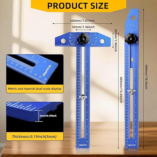 GRENPRO Woodworking Scriber Marking Line Ruler with Carpenter Pencil & Metal Ruler, Adjustable Aluminum Alloy Sliding T-Square Ruler, Measuring Angle Finder with Adjustment Scale,Drawing Aid Rule tool