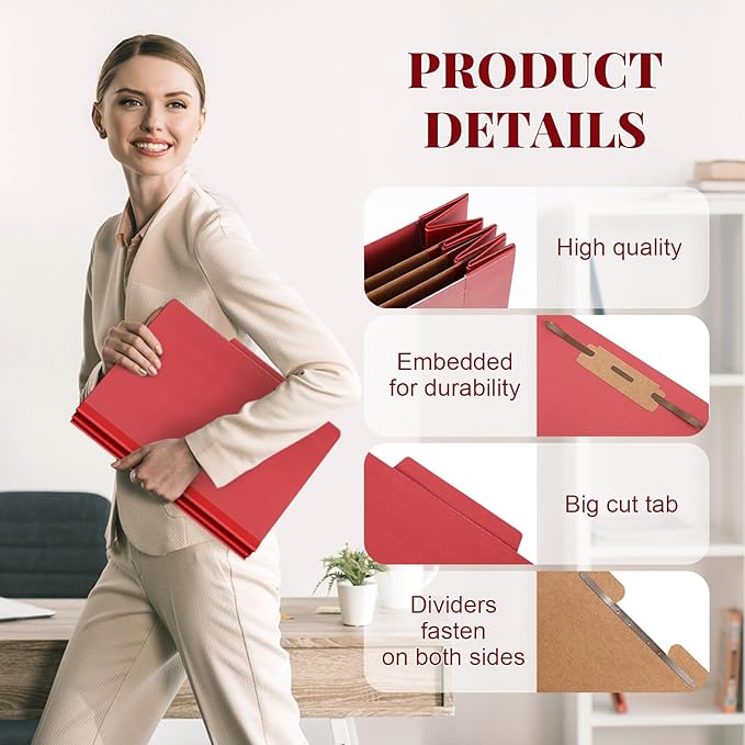 Skyygemm 48 Pcs Classification Folders Letter Size, 3 Divider Pressboard File Folder with Fasteners, Expanding File Organizer Bulk for School Teachers, Office Employee, Coworker, Staff (Red)