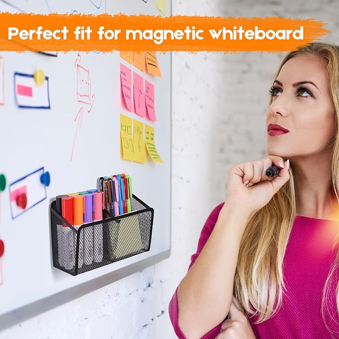 Ameceres Magnetic Pencil Holder - Extra Strong Magnets Mesh Marker Holder Perfect for Whiteboard, Refrigerator and Locker Accessories (2 Baskets, 1 Pack Black)
