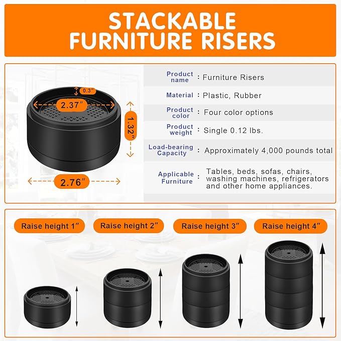 Furniture Risers Bed Risers Heavy Duty 1 inch, 2 inch, 3 inch, 4 inch Round Adjustable Bed Lifts Riser for Desk Legs Table Couch Sofa Chair Refrigerator Washing Machine (1 Inch, Black, 4 Pack )