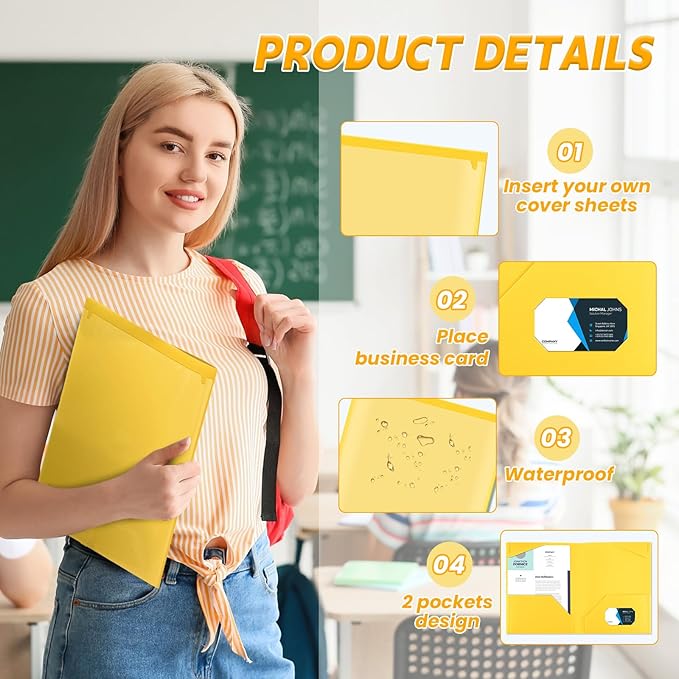 Henoyso 18 Pcs Plastic Folders with Clear Front Pockets Heavy Duty File Folders with 2 Pockets and Card Slot for Student Communication School Office Presentation Report (Yellow)
