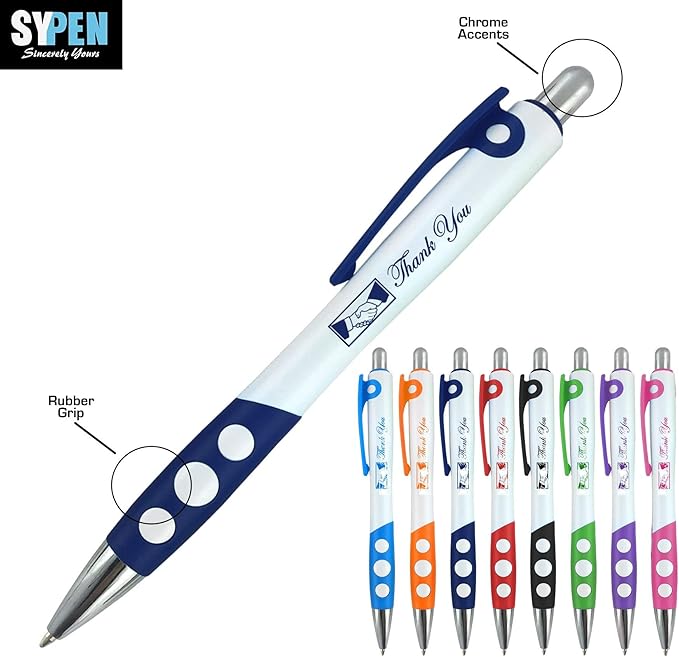 SyPen Personalized Ballpoint Pens With Custom Logo/Text-350 Pack Bulk-for Businesses, Parties, & Events, Custom Printed, White Barrel with Matching Colored Clip and Grip, Click Pens, Black Ink, Pink