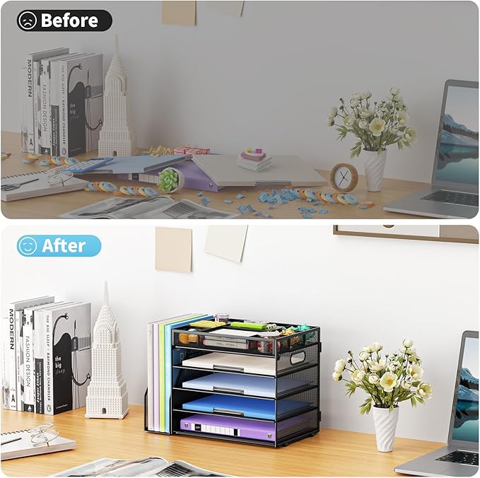 Marbrasse 5-Tier Desk Organizer with File Holder,Paper Letter Tray Organizer,Desktop File Organizer with Adjustable Compartments,Mesh Desk Organizers and Accessories for Office Supplies,Black