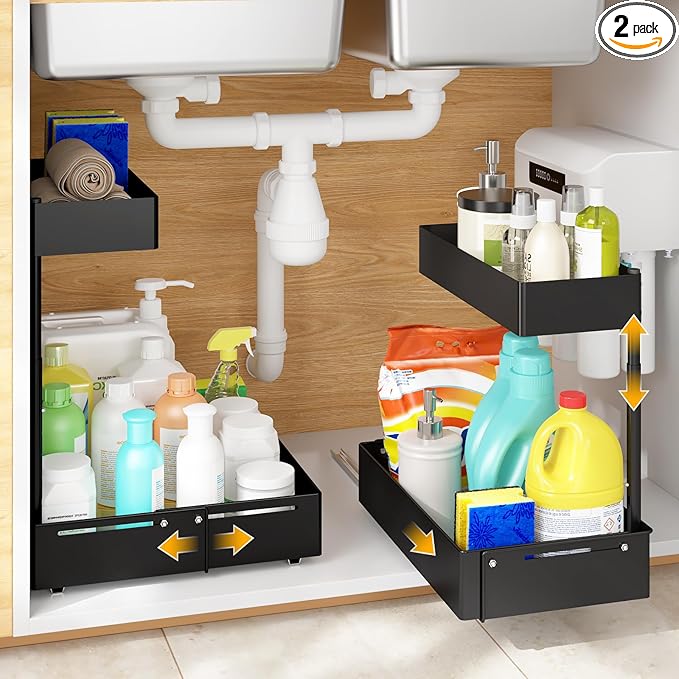Henyol 2Packs Under Sink Organizer with Adjustable Height and Width, Under Cabinet Organizer to Tidy, Sturdy Metal Design for Kitchen and Bathroom