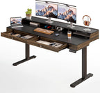 ONBRILL Modern Standing Desk with Storage, 63x23.6 Inch Electric Adjustable Height Desk with 2 Drawers, 3 Open Storage Zones, Black