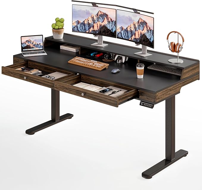ONBRILL Standing Desk with Drawers, 55x23.6 Inch Electric Stand Up Desk with Storage Shelf and Memory Controller, Sit Stand Desk Adjustable Height from 28-46 Inches for Computer Workstation, Black