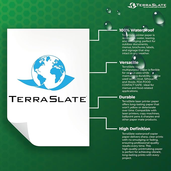 TerraSlate Printable Waterproof Paper for Laser Printer, 10 MIL 8.5" x 14", 50 Sheets, Matte White Printer Paper, Rip-Resistant, Weather/Rain Proof Copy Paper