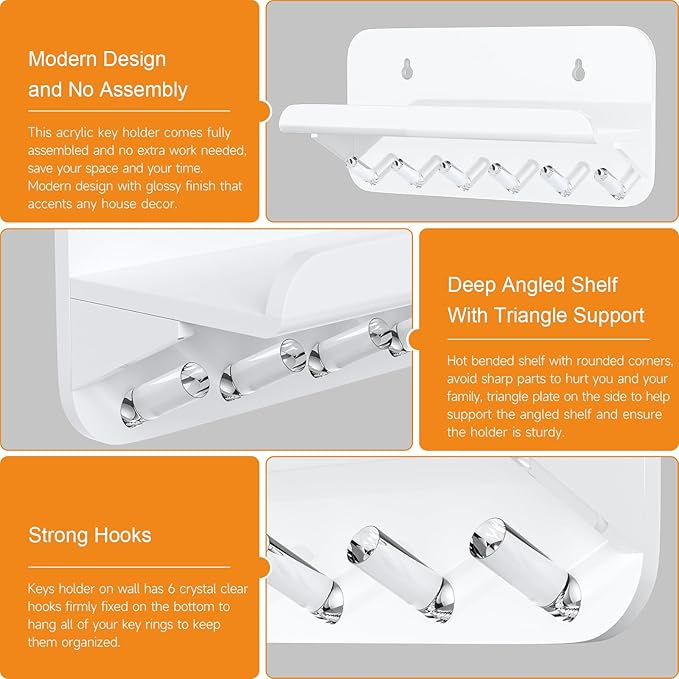 Beego Entryway Key Holder for Wall - White Acrylic Key Rack with Shelf Decorative Key Hanger Wall Mount Mail Organizer with 6 Key Hooks for Office Hallway Kitchen Living Room Home Décor