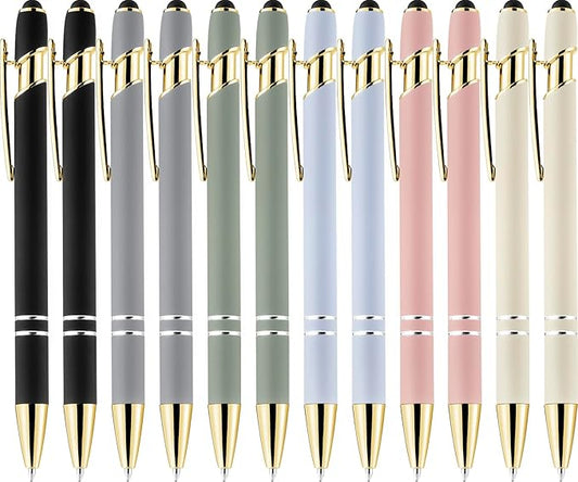 LINFANC 12 Pack Morandi Gold Ballpoint Pen with Stylus Tip, 1.0 mm Black Ink Smooth Writing Pens, Metal Stylus Pens for Touch Screens