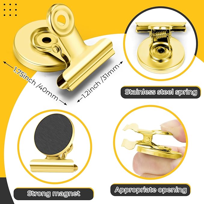 20 Pack Fridge Magnet Refrigerator Magnets, Gold Magnetic Clips Whiteboard Magnets, Magnet Clips Heavy Duty for Photo Displays, Home, Office, Classroom