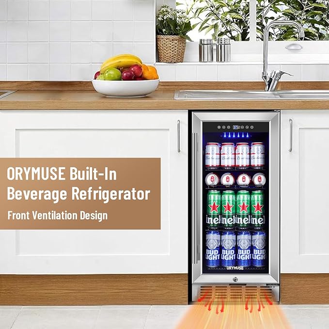 15 Inch Beverage Refrigerator, 130 Can Capacity Under Counter Fridge with Lock & Glass Door, Quiet Built-in or Freestanding Beer Cooler, Powerful Compressor for Fast Cooling