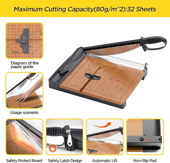 12'' Wood Guillotine Paper Cutter, Heavy Duty Wood Base Paper Trimmer with 32 Sheets Capacity Paper Cutting Board for Classroom, Crafting, Cardstock, Art Projects